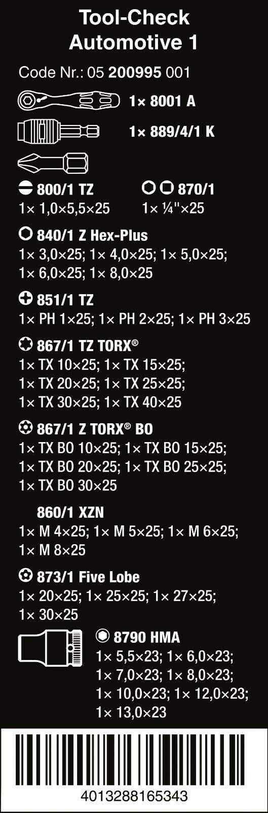 Wera Tool-Check Automotive 1 Socket Set Metric 38 Piece 05200995001