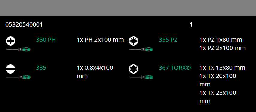 Wera 335/350/367/7 Kraftform Plus Lasertip Screwdriver Set 7 Piece 05320540001
