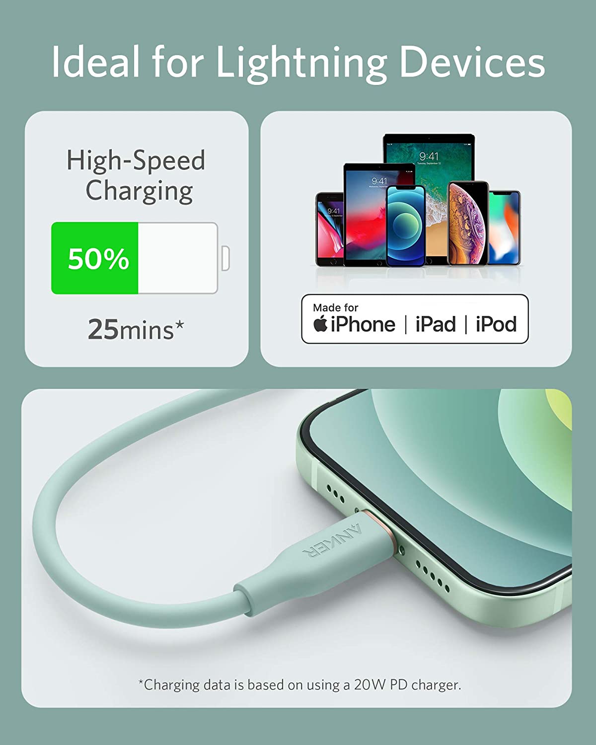 Anker <b>641</b> USB-C to Lightning Cable (Flow, 3 ft Silicone)