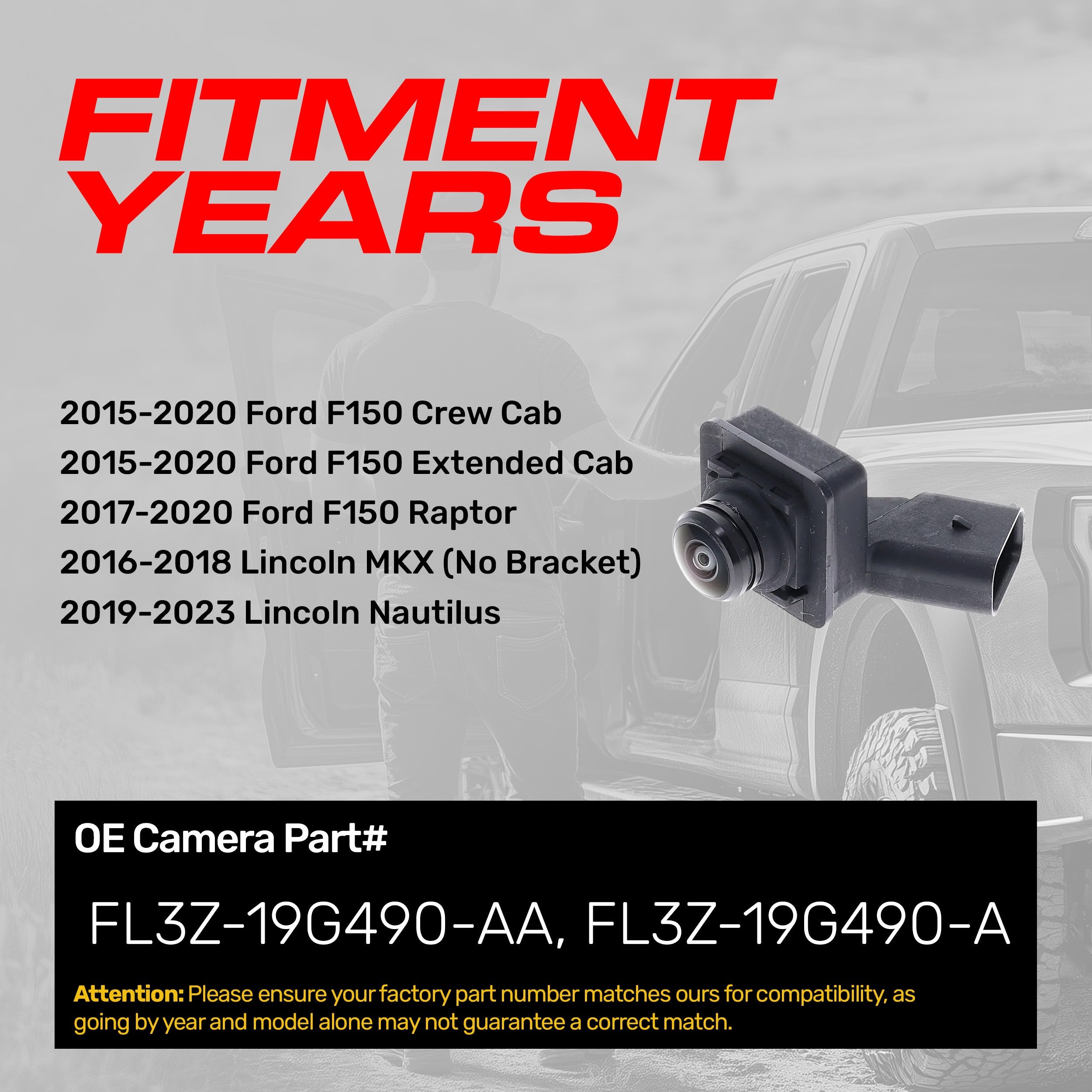 Ford F150 Crew Cab (15-20), F150 Extended Cab (15-20), F150 Raptor (17-20) / Lincoln MKX (16-18), Nautilus (19-23) RIGHT Side View OEM Replacement Backup Camera OE Part # FL3Z-19G490-AA, FL3Z-19G490-A