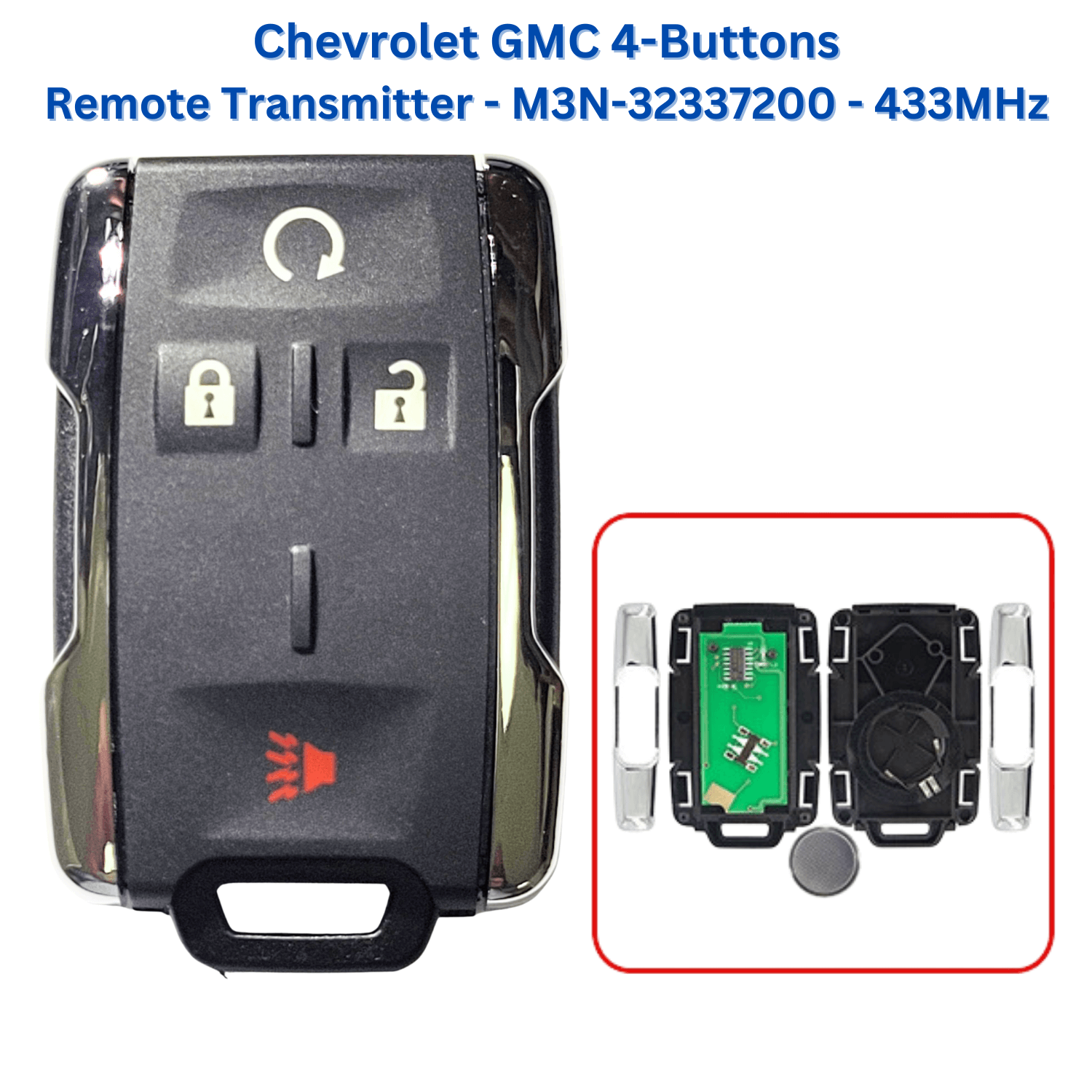 GM Remote Key Fob 4-Button for Chevrolet Colorado Silverado 1500 2500 3500HD GMC Sierra FCC ID: M3N-32337200, 433-MHz with Chrome on the side. (key2u)