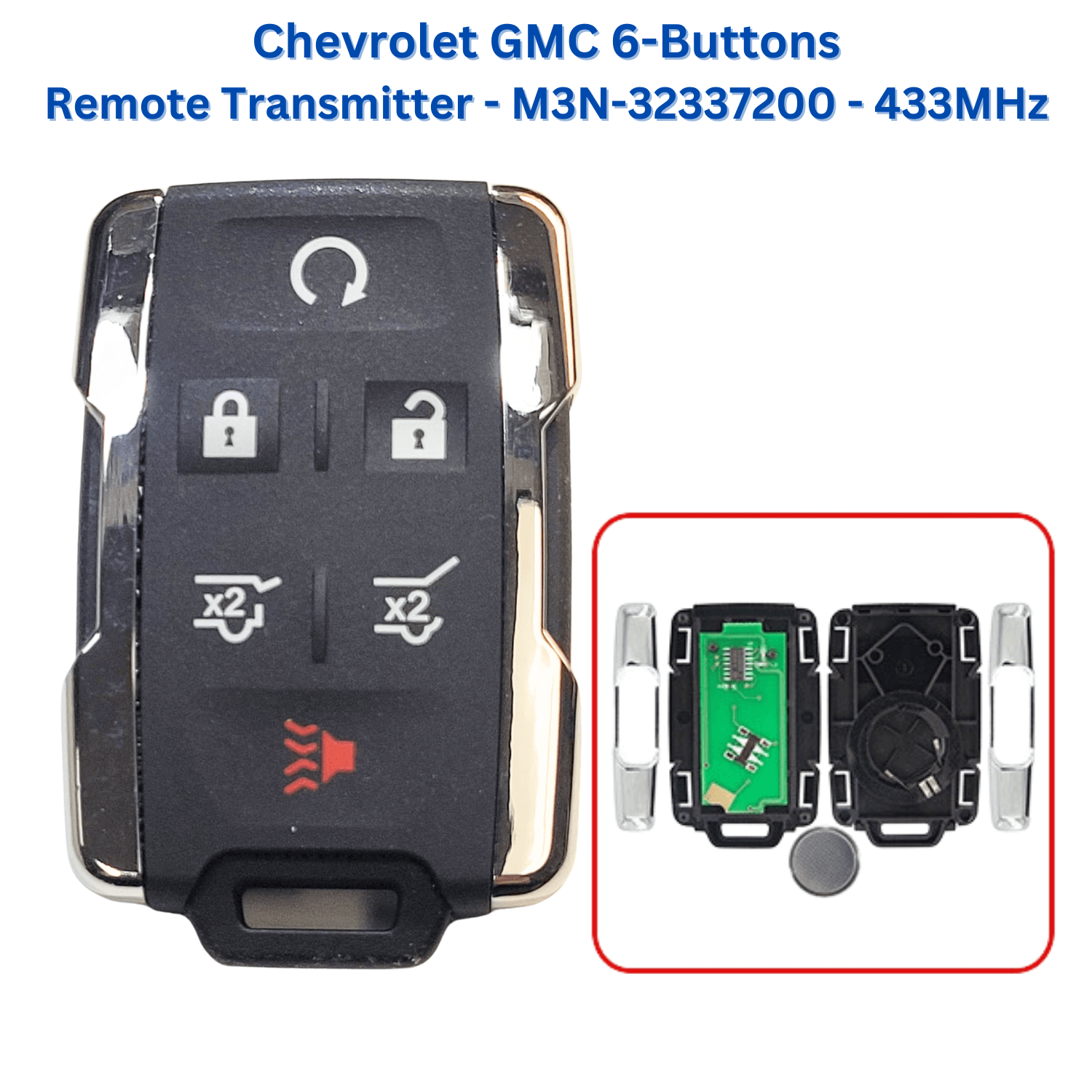 Chevrolet GMC 2015-2020 6-Button Keyless Entry Remote FCC ID: M3N-32337200 - 433 MHz with Chrome on the side (key2u)