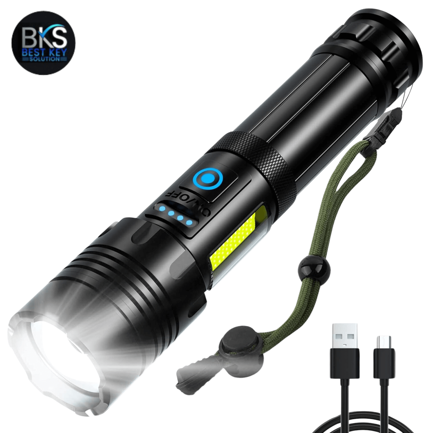 Rechargeable LED Flashlight with 990,000 lumens, 7 modes, COB work light, IPX6 waterproof design. Ideal for home, camping, hiking or any situation.