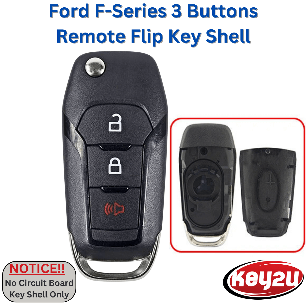 Ford F-Series 3 Button Remote Head Flip Key Shell for P/N: 164-R8130, Key Blade HU101 (key2u)