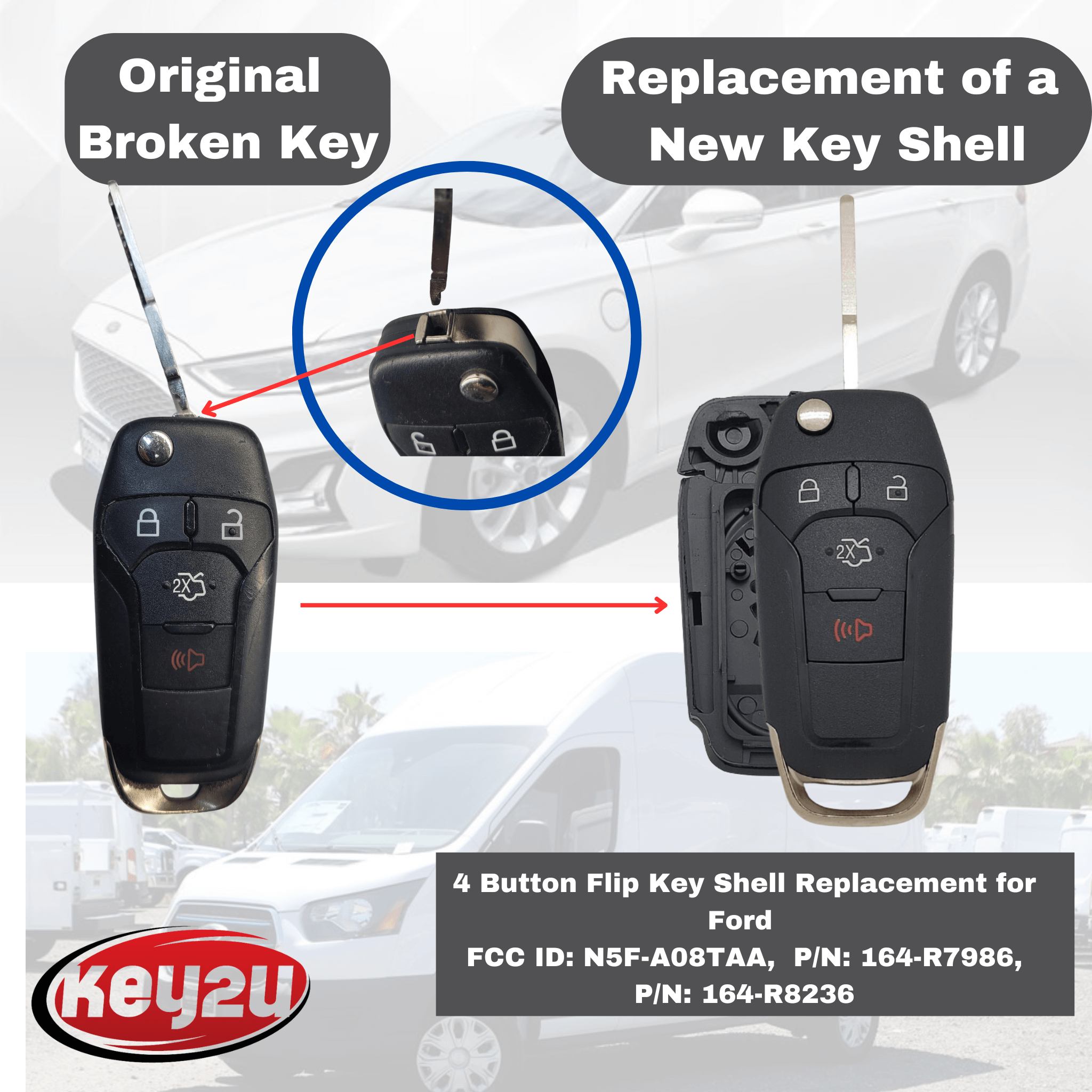 Ford Remote Flip Key Shell Case for Ford Fusion 2013-2016, Transit Connect 2019-2023 N5F-A08TAA 164-R8236