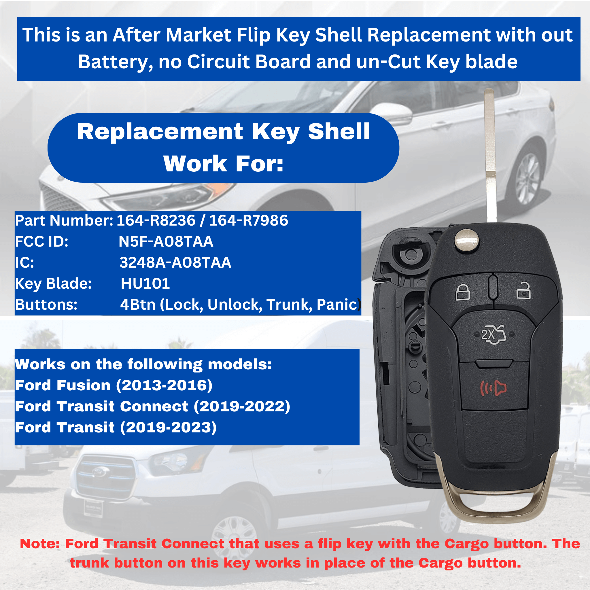 Ford Remote Flip Key Shell Case for Ford Fusion 2013-2016, Transit Connect 2019-2023 N5F-A08TAA 164-R8236
