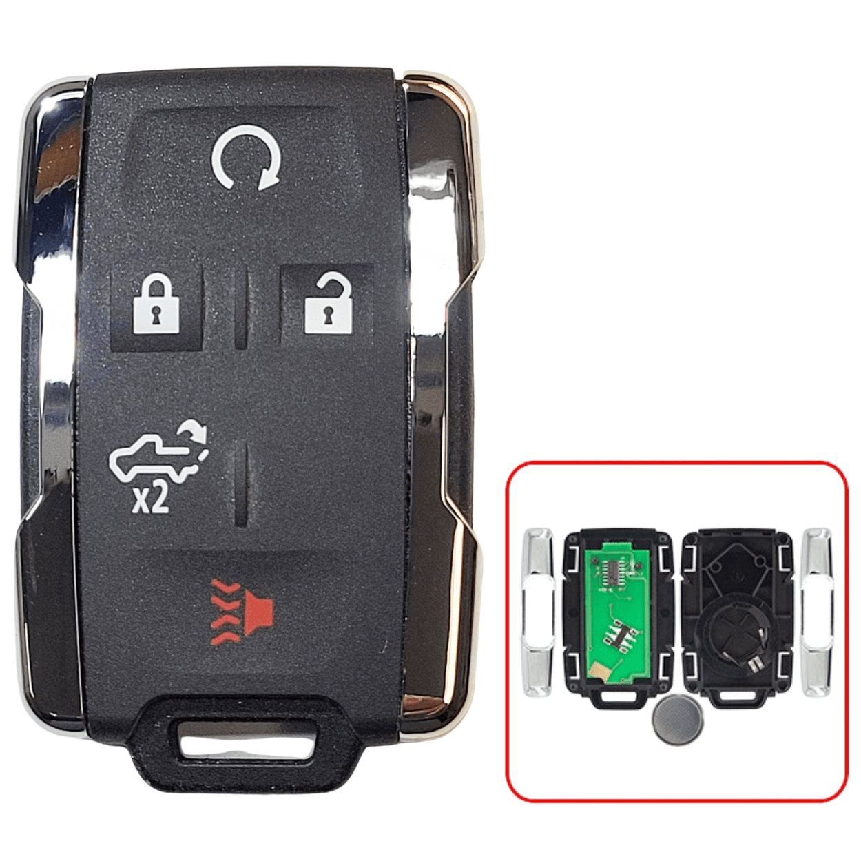 Chevrolet Silverado 2019-2022 and GMC Sierra 2019-2021 | 5-Button Remote Key Fob   FCC ID: M3N-32337200, P/N: 84209236 | Frequency: 433 MHz  with chrome on the sides (key2u)