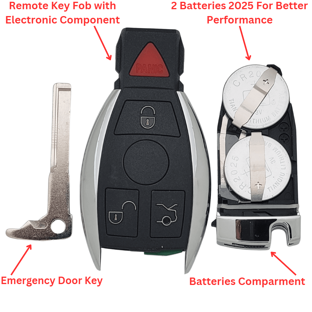 Mercedes Benz Key Fob Replacement | 4-Button Fobik Key | FCC ID: IYZ-3312, 315 MHz | 2 Batteries for Improved Performance