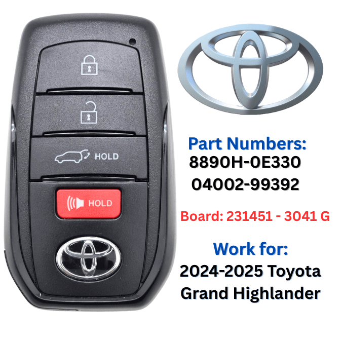 Toyota Grand Highlander 2024-2025 4 Button Smart Key Fob with Hatch | FCC ID: HYQ14FBX and P/N: 8990H-0E330, 04002-99392, 315 MHz | New OEM