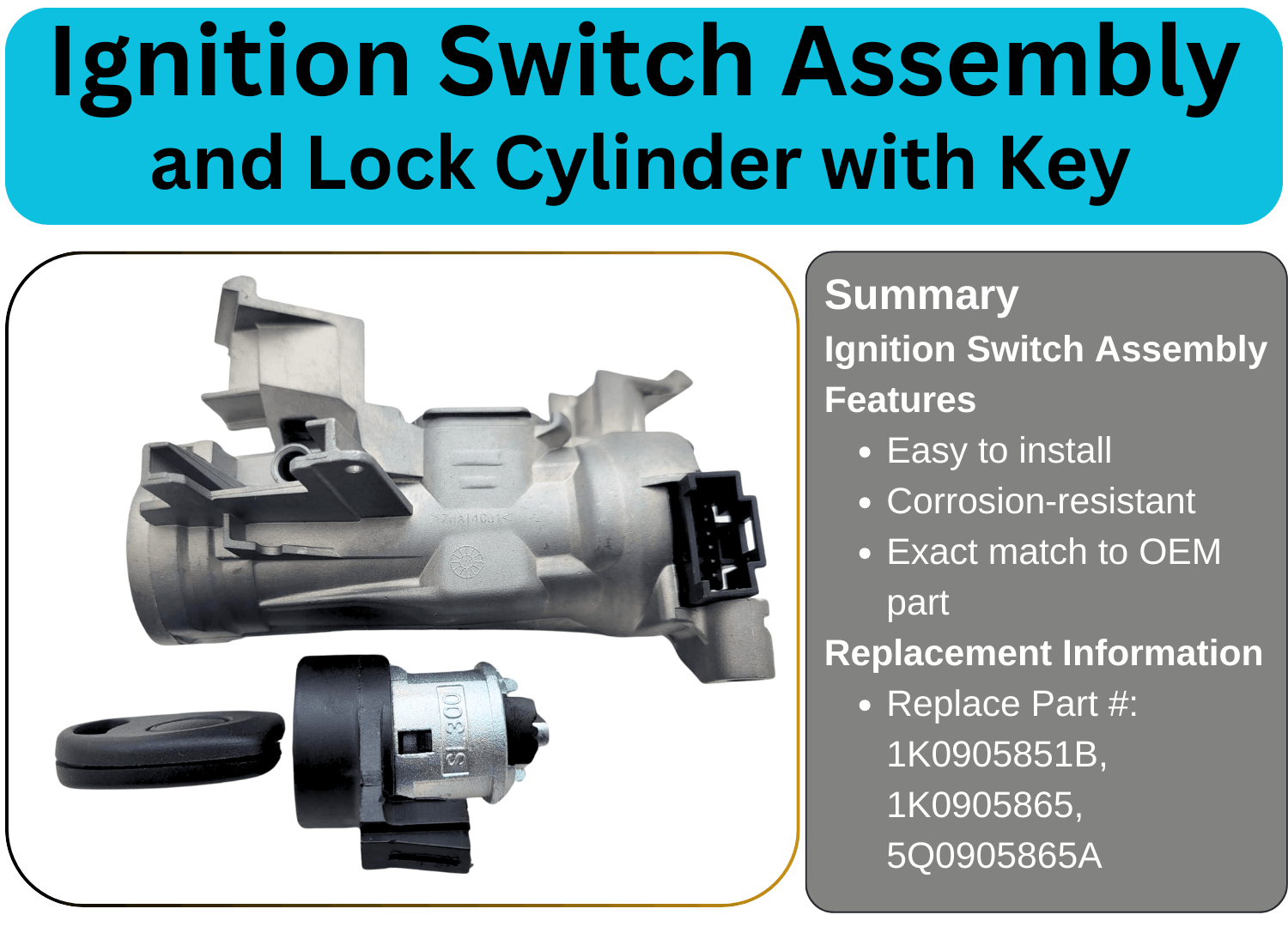 Ignition Switch Lock Cylinder 1K0905851B with Key for VW & Audi