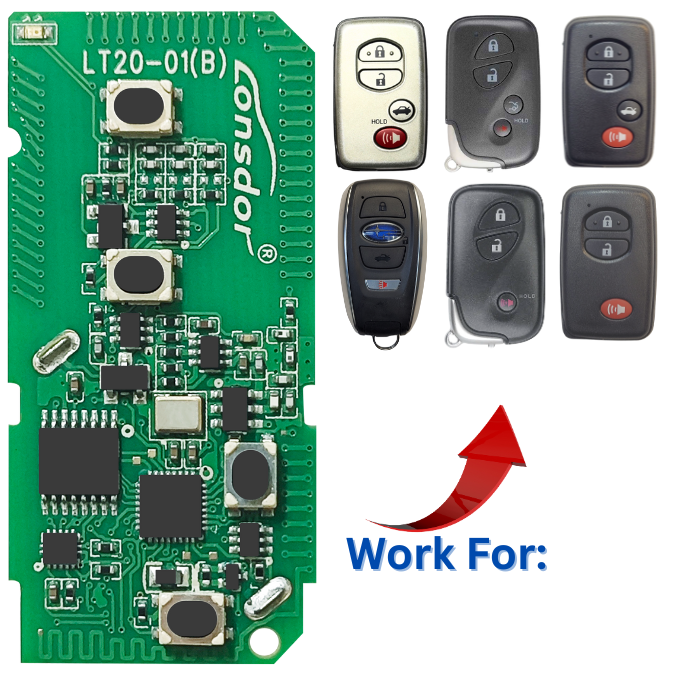 Lonsdor LT20-01 Universal Smart Remote PCB is compatible with both 40 and 80 bit versions of Toyota and Lexus vehicles. It features 4 buttons and operates on either 315 or 433 MHz frequencies.