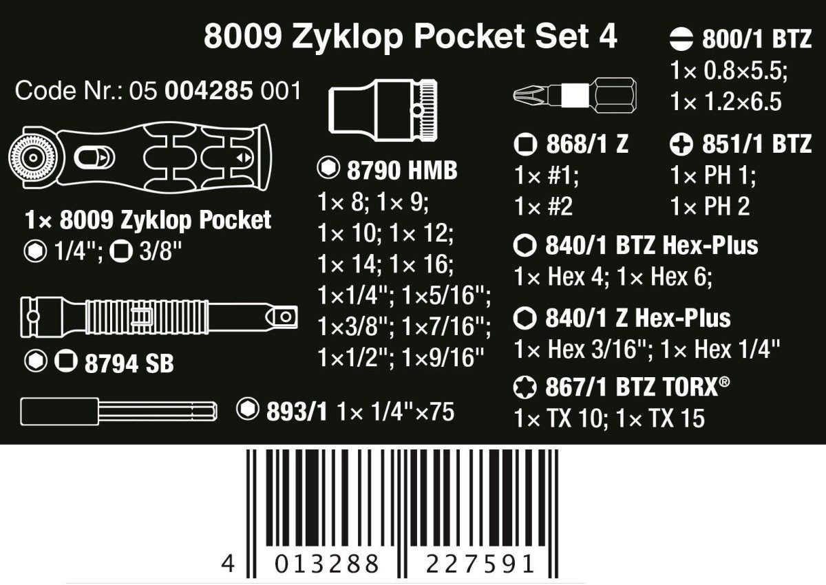 Wera 8009 Zyklop Pocket Set 4 Socket Wrench Set 3/8
