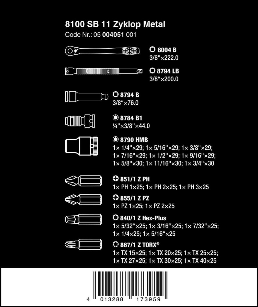 Wera 8100 SB 11 Zyklop Metal Switch Socket Wrench Set 3/8