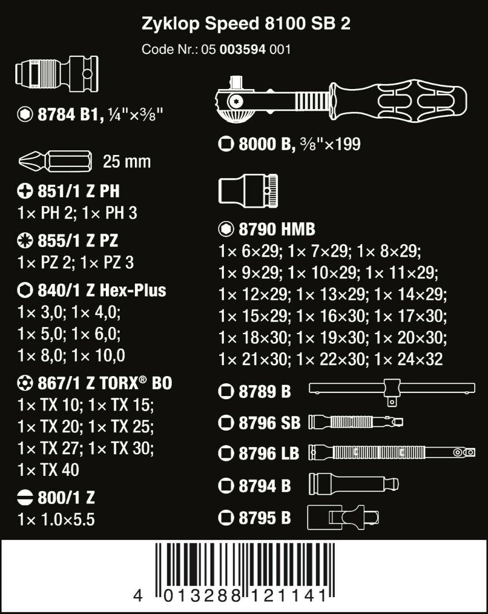 Wera 8100 SB 2 Zyklop Socket Wrench Set 3/8