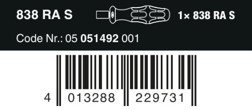 Wera 838 RA S Bitholding Ratcheting Screwdriver 1/4