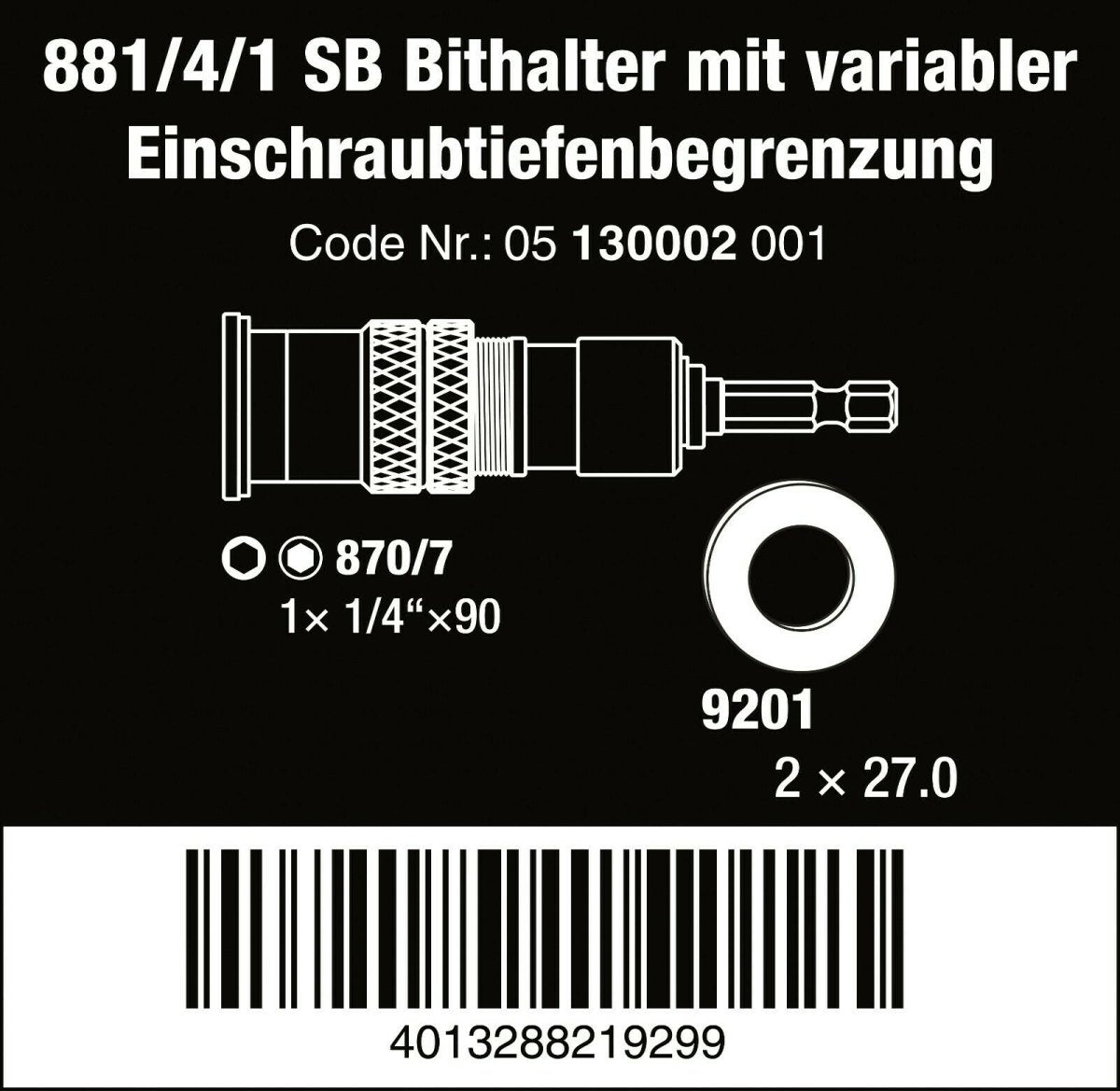 Wera 881/4/1 SB Bit Holder With Variable Depth Limiter 05130002001