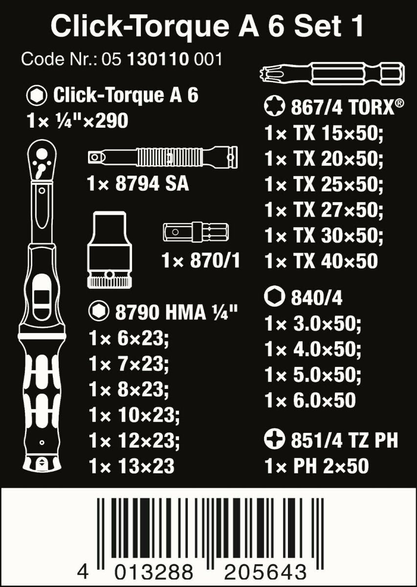 Wera A6 Click-Torque Wrench Set 2.5 to 25 Nm 1/4