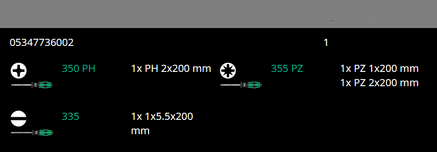 Wera 335/350/355/4 Kraftform Plus Screwdriver Set 200 mm Long 05347736002