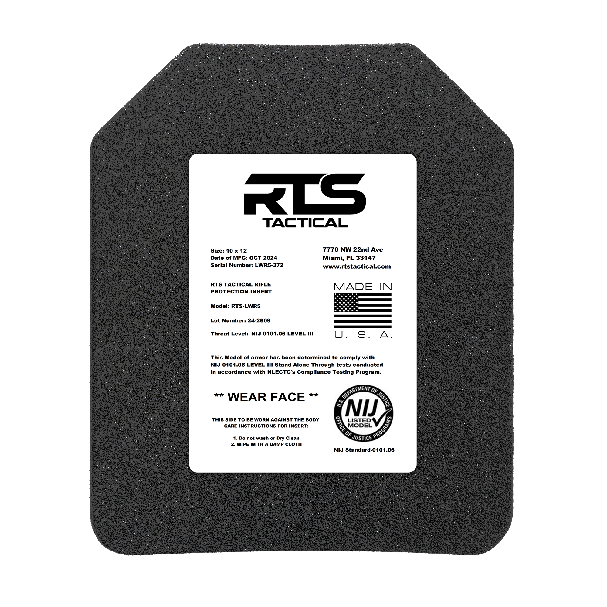 RTS Tactical LWR5 Rifle Special Threats NIJ 0101.06 Level III+ Insert - 10X12