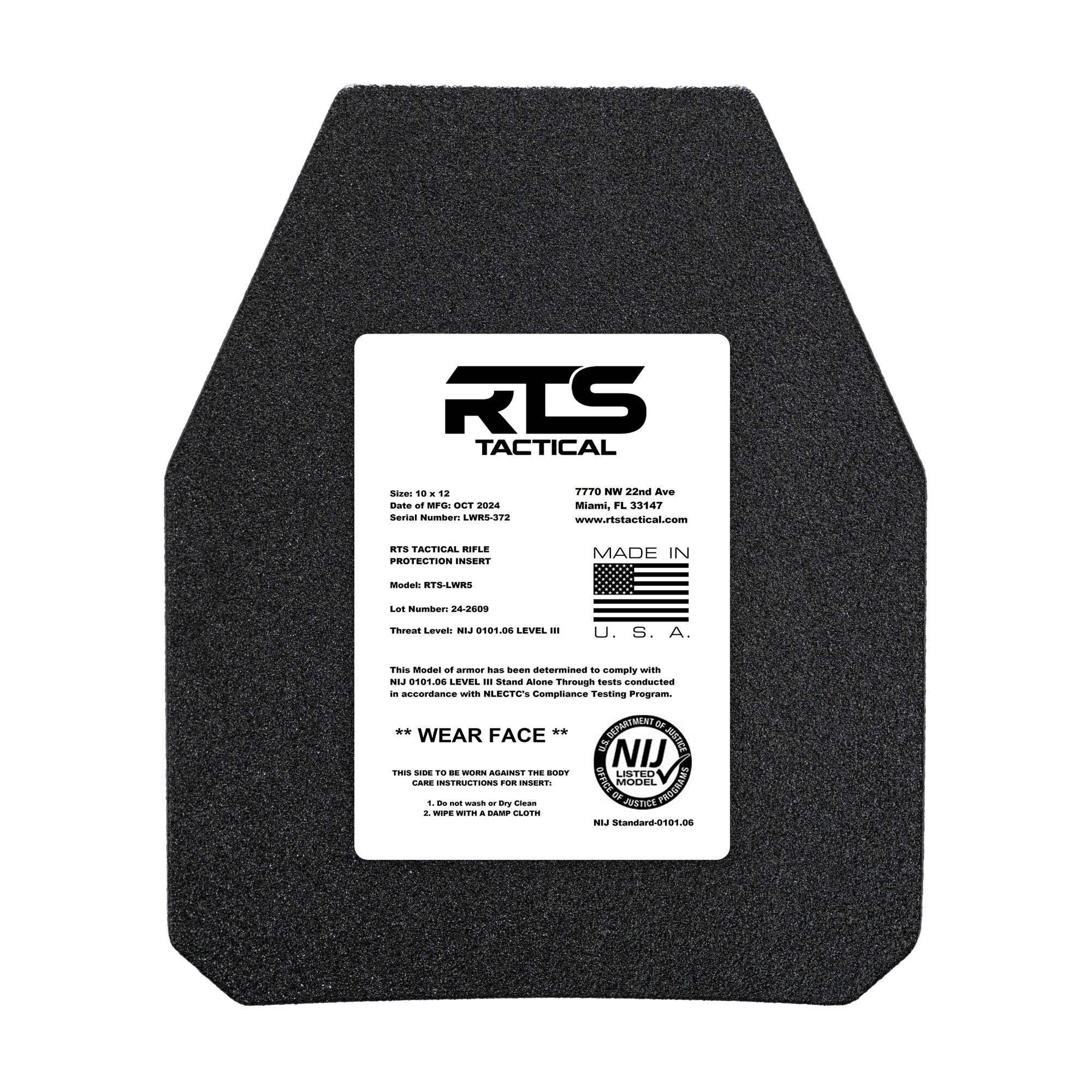 RTS Tactical LWR5 Rifle Special Threats NIJ 0101.06 Level III+ Insert - 10X12