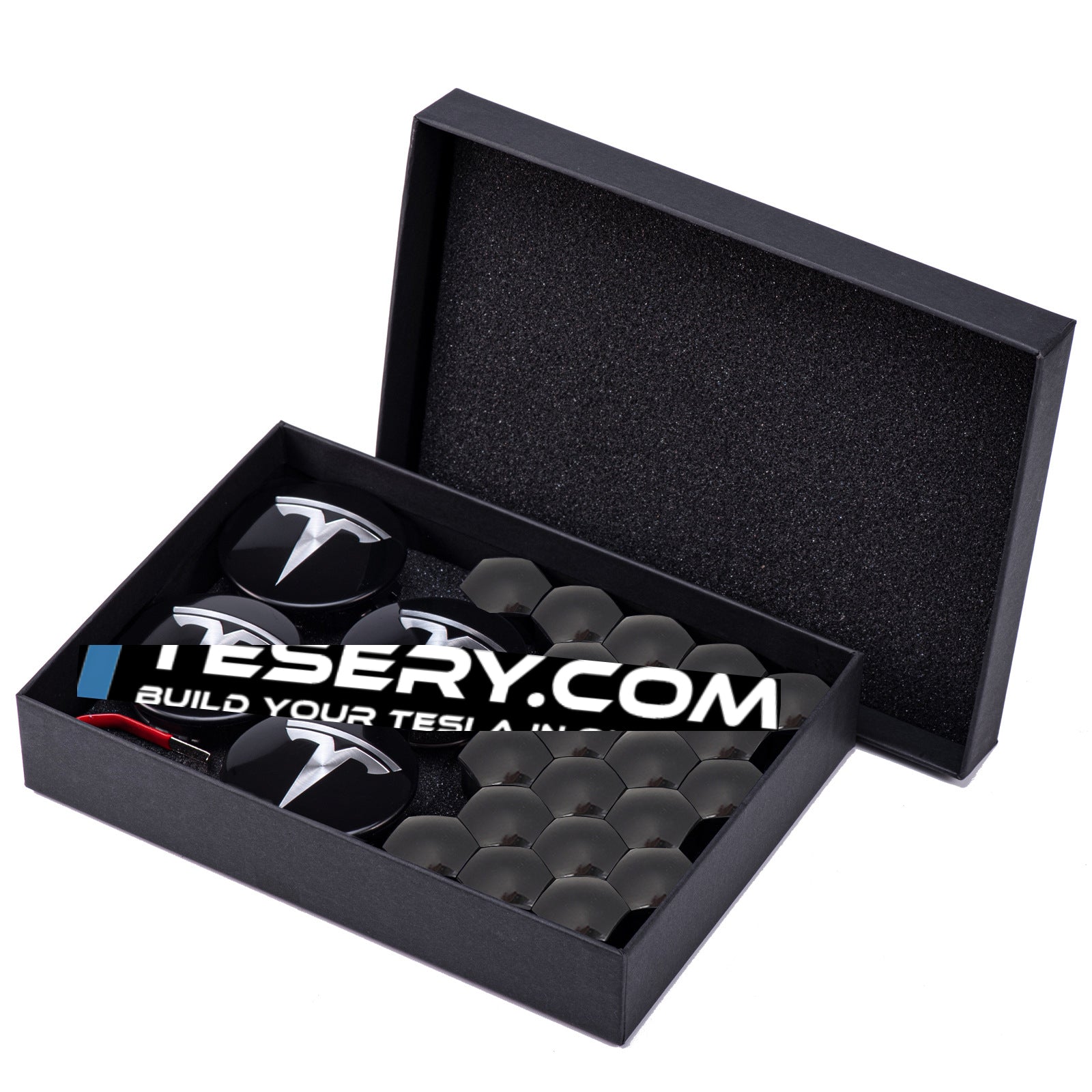 Wheel Center Cap Kit with Puller for Model 3/Y/S/X | 4 Hub Caps + 20 Lug Nut Covers