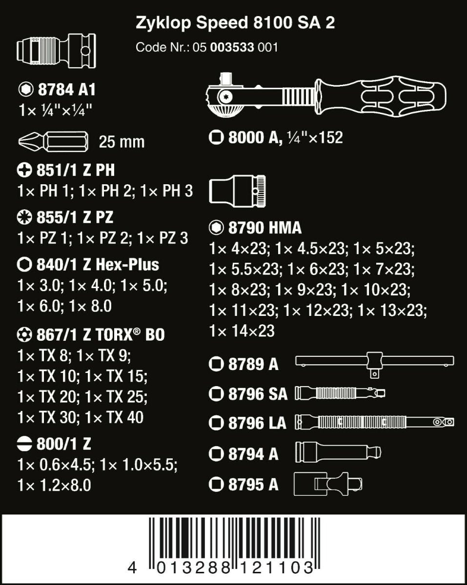 Wera 8100 SA 2 Zyklop Socket Wrench Set 1/4