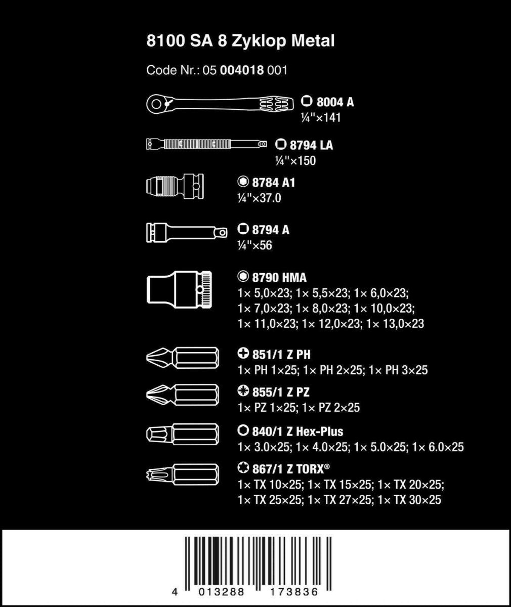 Wera 8100 SA 8 Zyklop Metal Switch Socket Set 1/4