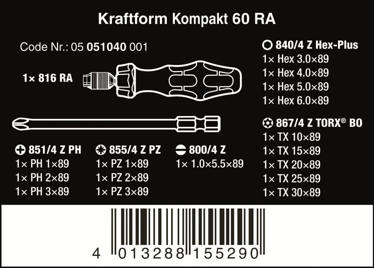 Wera Kraftform Kompakt 60 RA Ratcheting Screwdriver Set Metric 05051040001