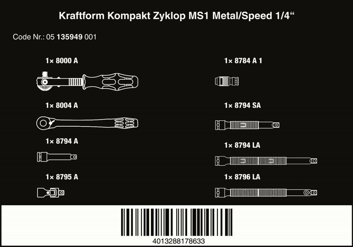 Wera Kraftform Kompakt Zyklop MS1 Metal Speed Socket Wrench Set 1/4