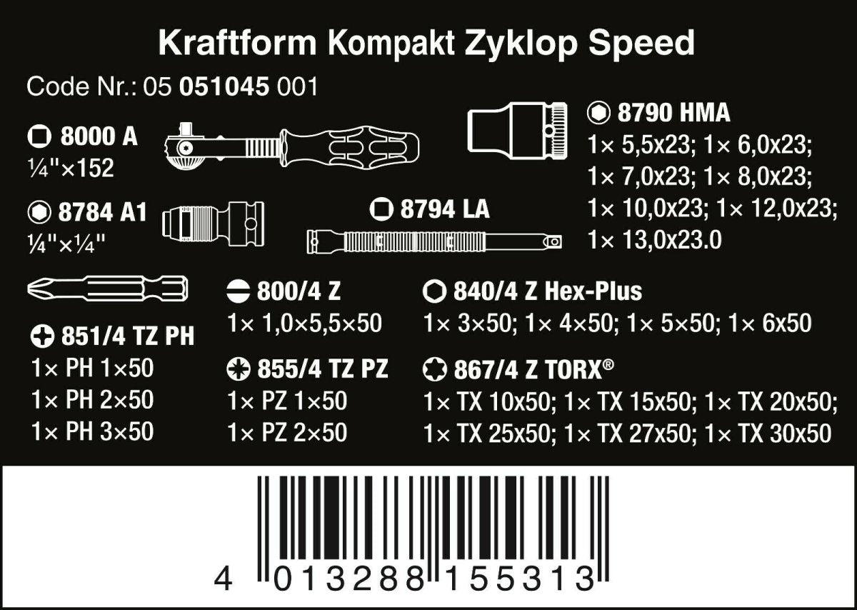 Wera Kraftform Kompakt Zyklop Speed Ratchet Set 1/4